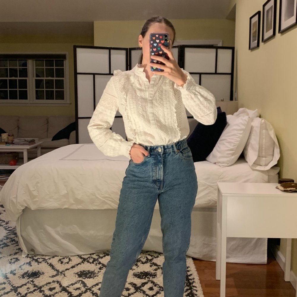 Zara White Eyelet Lace Long Sleeve Button Down Blouse